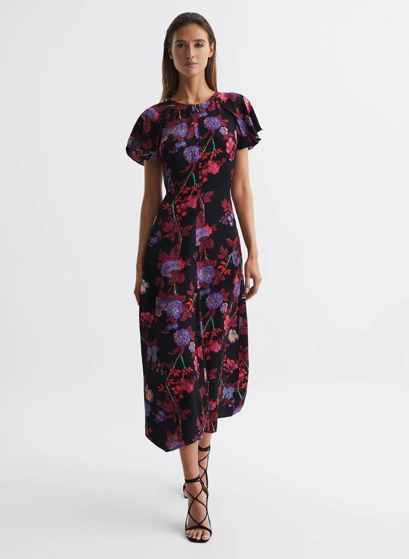 REISS Printed Cape Sleeve Dress