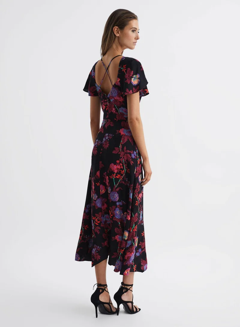 REISS Printed Cape Sleeve Dress
