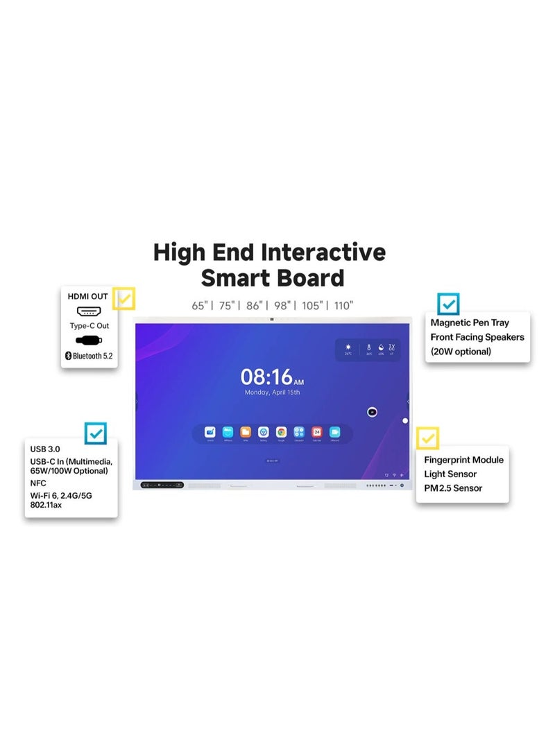 FTTEGO RK3588-75 75" 4K UHD AI Interactive Flat Panel with 48MP Camera, Android 15, 16GB RAM & OPS PC Module - Image 2