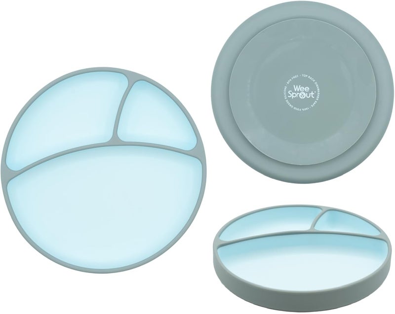 WeeSprout Silicone Suction Plate  TwoTone Baby Plate with Suction Cup  Sectioned Divided Dish for Kids Infants Toddlers  FoodGrade Silicone Dinnerware SkyMatte Green - Image 1
