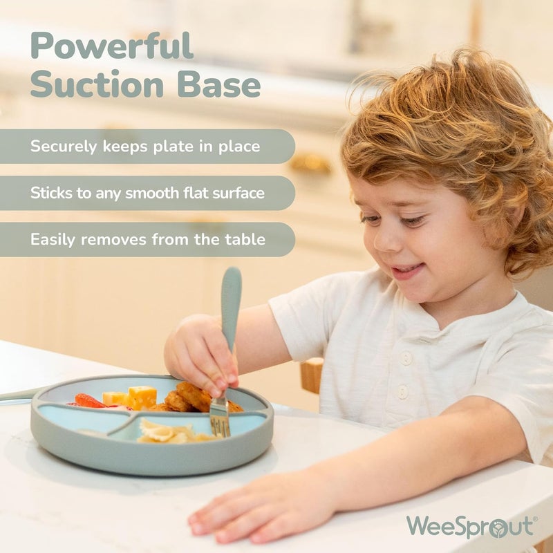 WeeSprout Silicone Suction Plate  TwoTone Baby Plate with Suction Cup  Sectioned Divided Dish for Kids Infants Toddlers  FoodGrade Silicone Dinnerware SkyMatte Green - Image 4
