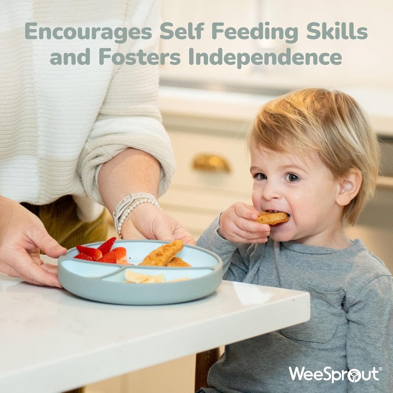 WeeSprout Silicone Suction Plate  TwoTone Baby Plate with Suction Cup  Sectioned Divided Dish for Kids Infants Toddlers  FoodGrade Silicone Dinnerware SkyMatte Green - Image 5