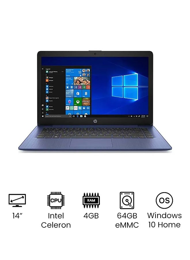 HP لابتوب ستريم ‎14-CB171 بشاشة مقاس 14 بوصة بدقة (1366x768)، معالج إنتل سيليرون ثنائي النواة طراز N4000 تردد 1.1 جيجاهرتز وذاكرة داخلية eMMC سعة 64 جيجابايت وذاكرة رام سعة 4 جيجابايت وبلوتوث وويندوز 10 وكاميرا ويب اللغة الإنجليزية أزرق - Image 1
