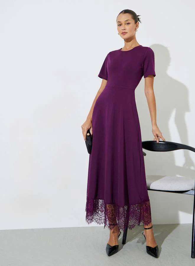 Purple Solid Lace Hem A-Line Maxi Dress