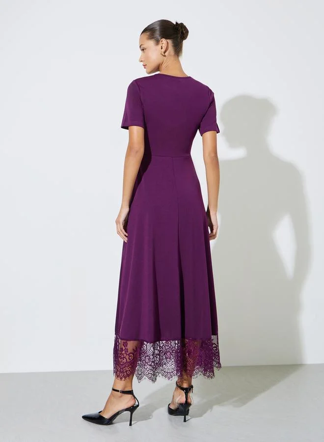 Styli  Purple Solid Lace Hem A-Line Maxi Dress for Women | Best Price UAE