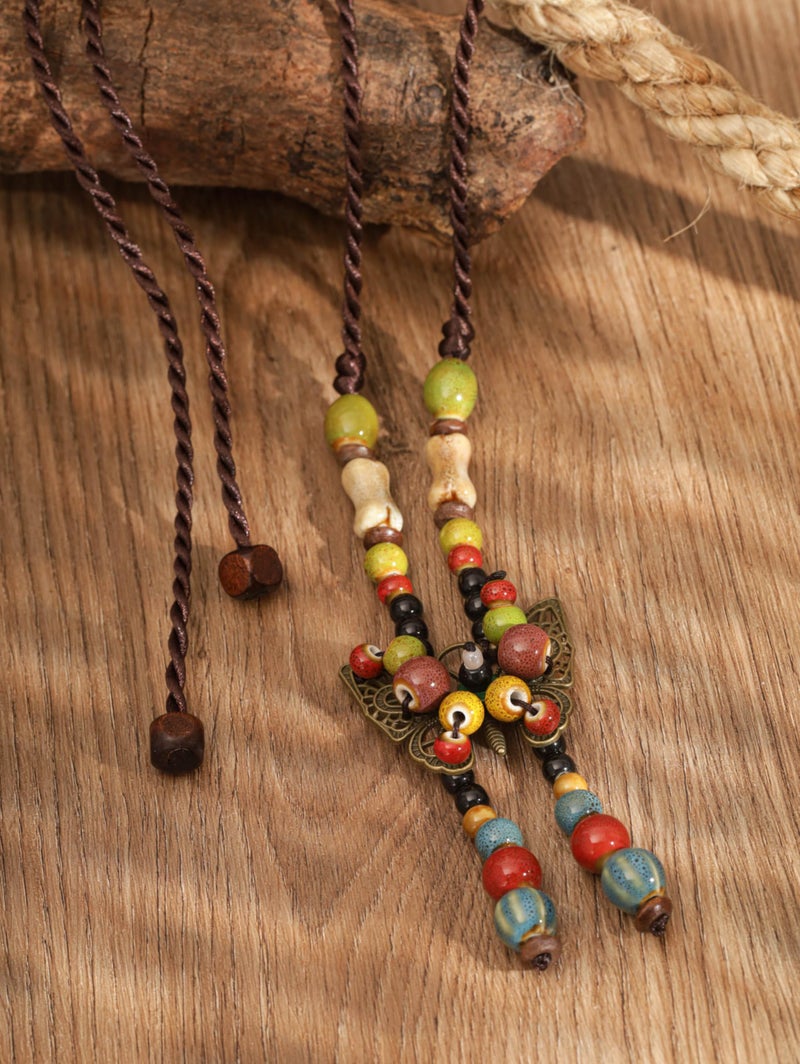MINACHI Hippie Boho Colorful Ceramic Round Bead Butterfly Charm Pendant Long Y Necklace, Bohemian Summer Beach Jewelry Gifts for Women - Image 2