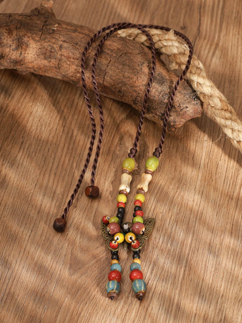 MINACHI Hippie Boho Colorful Ceramic Round Bead Butterfly Charm Pendant Long Y Necklace, Bohemian Summer Beach Jewelry Gifts for Women - Image 4