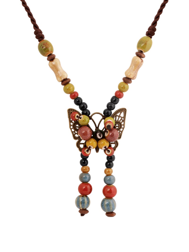 MINACHI Hippie Boho Colorful Ceramic Round Bead Butterfly Charm Pendant Long Y Necklace, Bohemian Summer Beach Jewelry Gifts for Women - Image 1