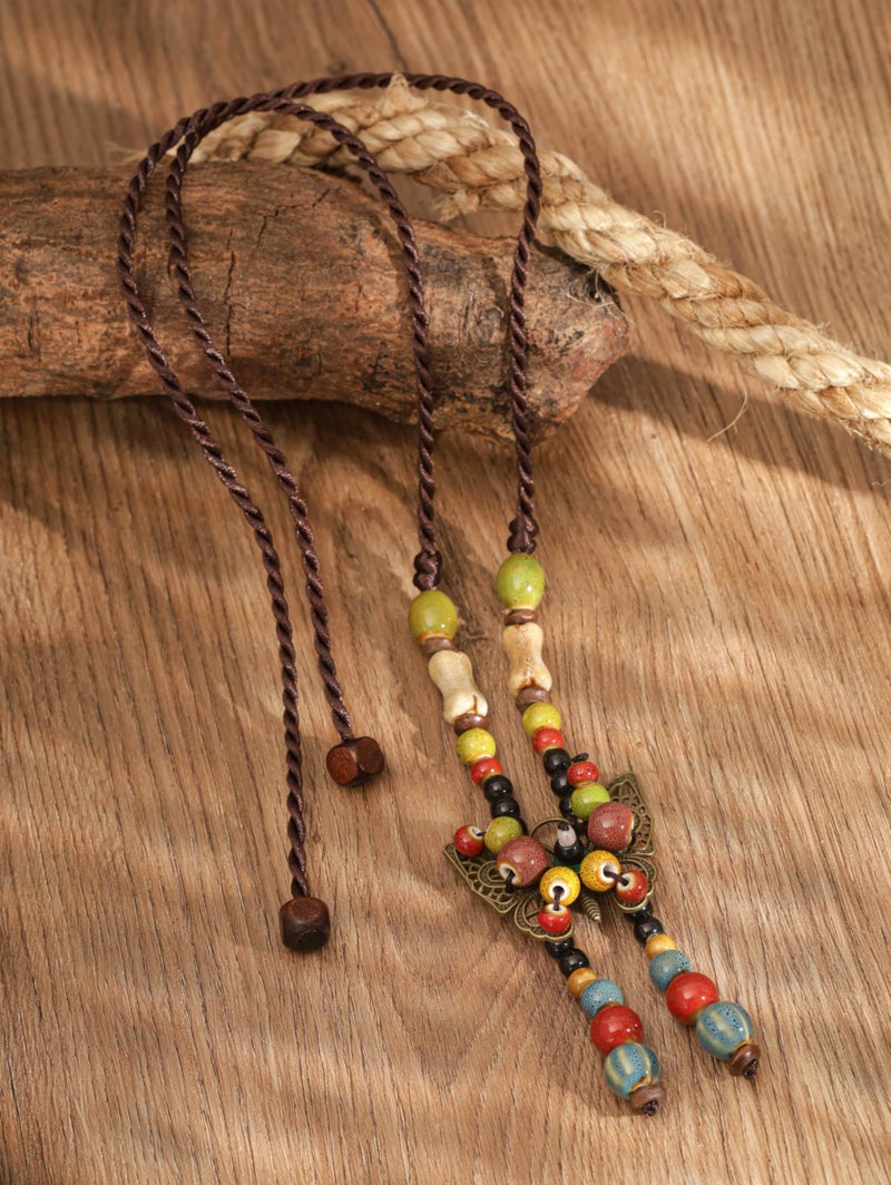 MINACHI Hippie Boho Colorful Ceramic Round Bead Butterfly Charm Pendant Long Y Necklace, Bohemian Summer Beach Jewelry Gifts for Women - Image 3