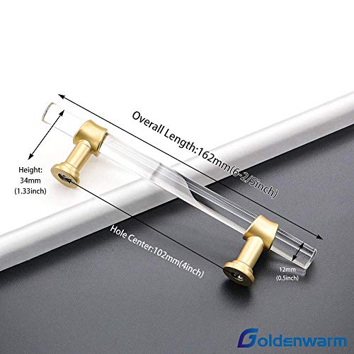 goldenwarm 5 Pack 4 Inch Matte Gold Cabinet Pull Clear Acrylic Furniture Hardware Glass Cabinet Hardware for Kitchen Cupboard Bathroom - Image 2