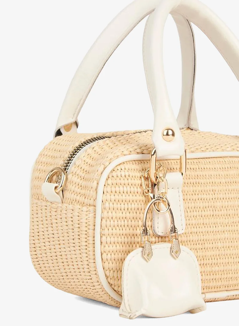 Women's Seagrass Straw Cream Charm-Accessory Zip Closure Hand and Shoulder Bag.