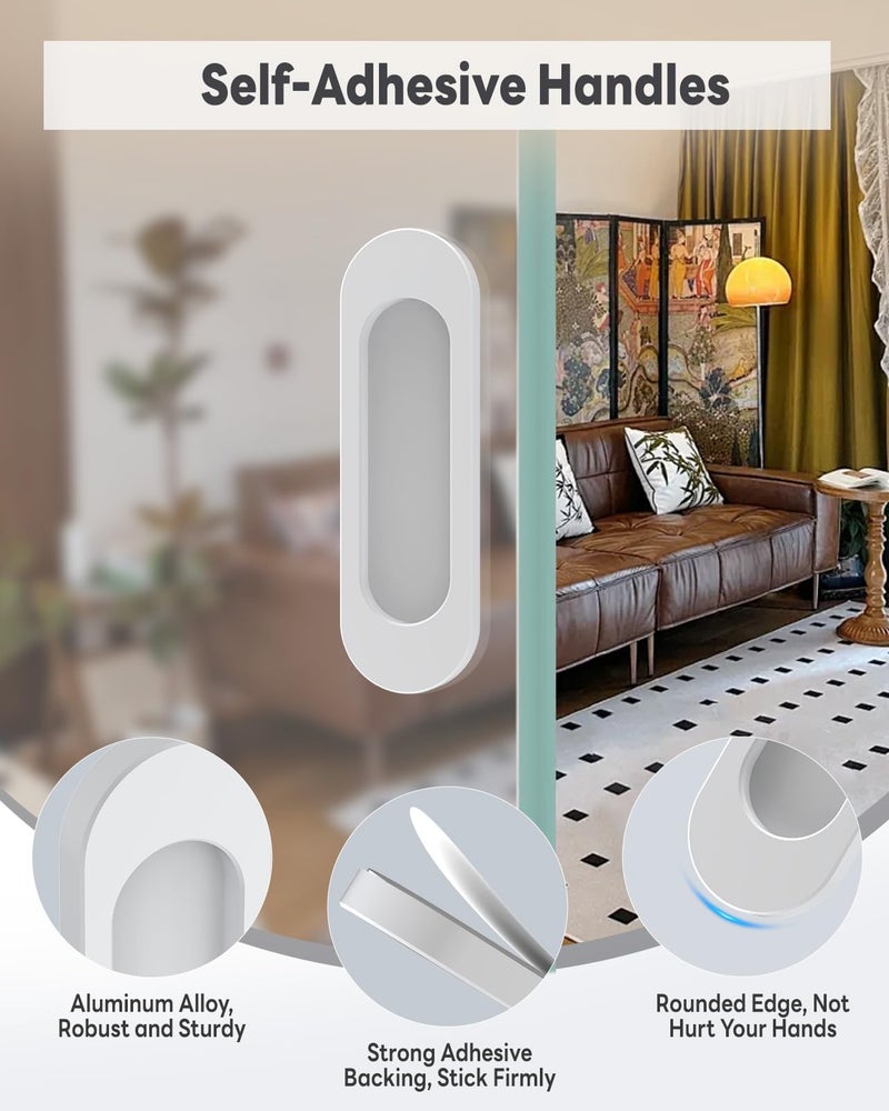 Mebantoo 4 Pack Self-Stick Door Handles, 4 Inch Aluminum Alloy Self Adhesive Flat Finger Pulls, No Drill Cabinet Knobs For Drawer, Sliding Glass/Barn/Closet/Balcony Doors (4, White) - Image 2