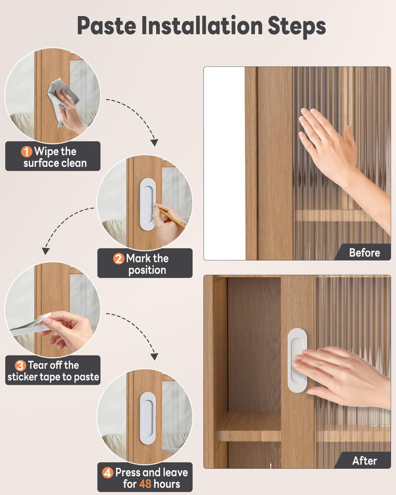 Mebantoo 4 Pack Self-Stick Door Handles, 4 Inch Aluminum Alloy Self Adhesive Flat Finger Pulls, No Drill Cabinet Knobs For Drawer, Sliding Glass/Barn/Closet/Balcony Doors (4, White) - Image 4