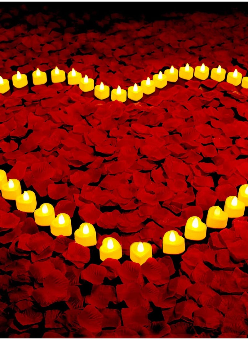 Generic 1000 Pieces Artificial Rose Petals and 24 Pieces Heart Candle LED Lights, Party Decoration Props, Holiday Decoration Flameless Candle Lights for Night Lights Anniversary Wedding Table Decoration  - Image 1
