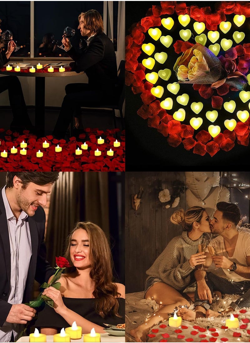 Generic 1000 Pieces Artificial Rose Petals and 24 Pieces Heart Candle LED Lights, Party Decoration Props, Holiday Decoration Flameless Candle Lights for Night Lights Anniversary Wedding Table Decoration  - Image 2