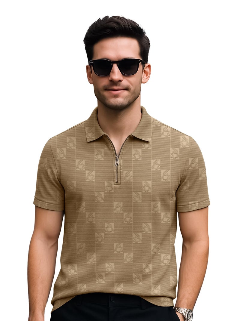 Jump Cuts Mens Textured Polo Neck Half Zipper Half Sleeve Beige Polyester Polo T-Shirt - Image 1