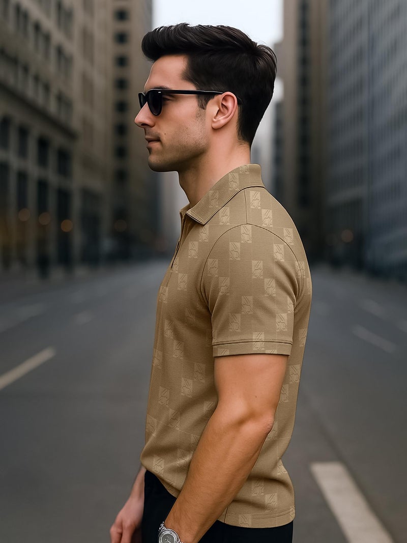 Jump Cuts Mens Textured Polo Neck Half Zipper Half Sleeve Beige Polyester Polo T-Shirt - Image 3