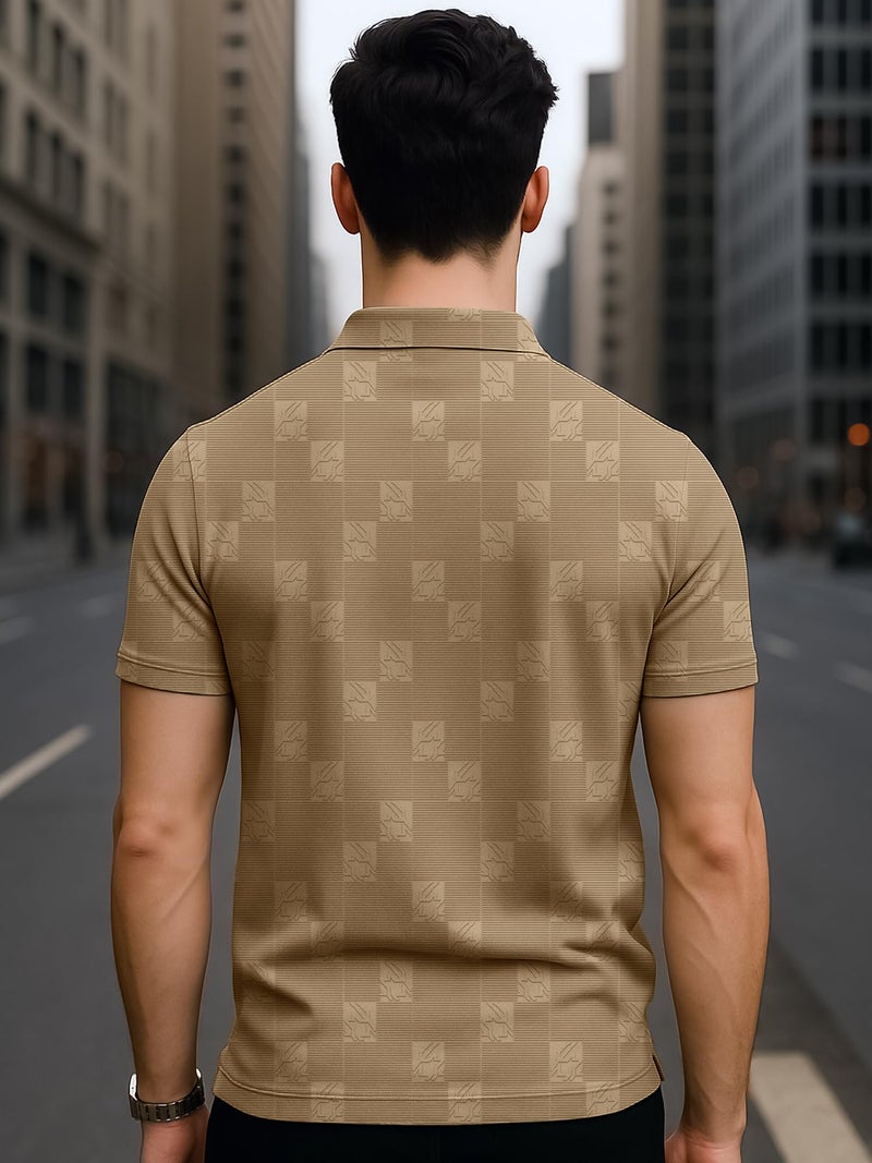 Jump Cuts Mens Textured Polo Neck Half Zipper Half Sleeve Beige Polyester Polo T-Shirt - Image 2
