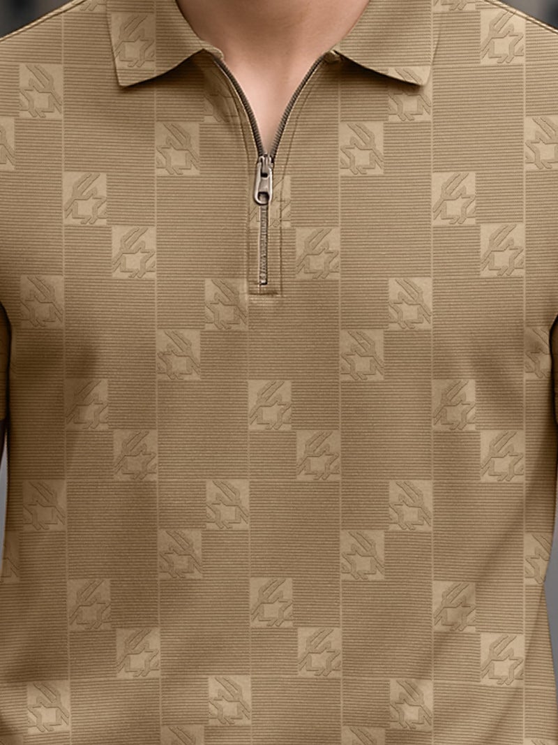 Jump Cuts Mens Textured Polo Neck Half Zipper Half Sleeve Beige Polyester Polo T-Shirt - Image 4
