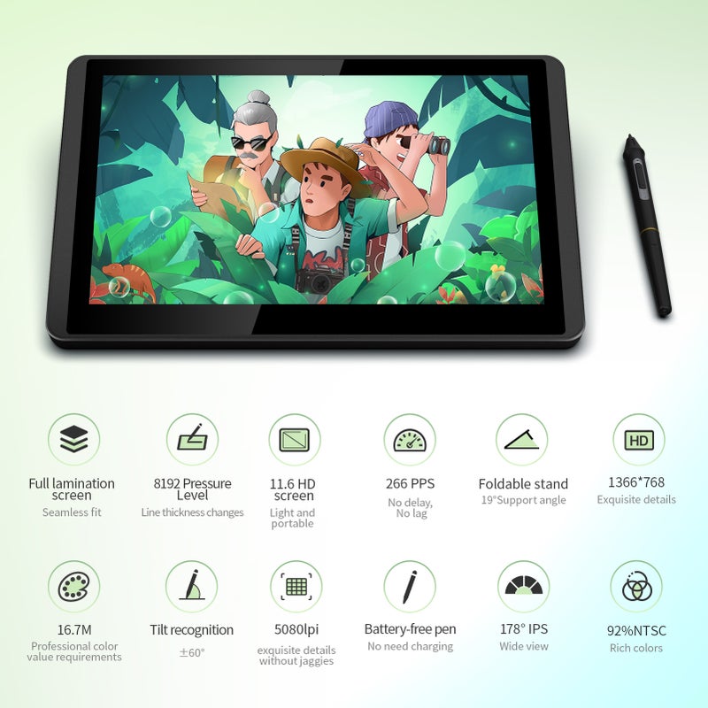 12HD-A H-IPS LCD Graphics Drawing Tablet Monitor 11.6 Inch Size 1366x768 Display 8192 Pressure Level Passive Technology with Tilt Function Support Windows MacOS USB-Powered Low Consumption - Image 2