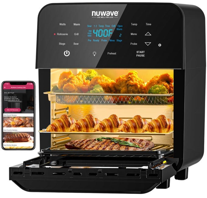 BRIO 155QT AIR FRYER ROTISSERIE OVEN XLARGE FAMILY SIZE POWERFUL 1800W 4 RACK POSITIONS 50425F TEMP CONTROLS 100 PRESETS 50 MEMORY INTEGRATED SMART THERMOMETER LINEAR T TECHNOLOGY