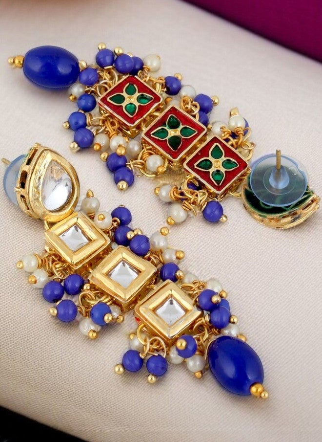 LUCKY JEWELLERY 18K Gold-Plated Kundan Studded & Pearls Meenakari Choker Jewellery Set - Image 4