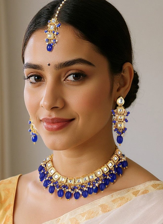 LUCKY JEWELLERY 18K Gold-Plated Kundan Studded & Pearls Meenakari Choker Jewellery Set - Image 1