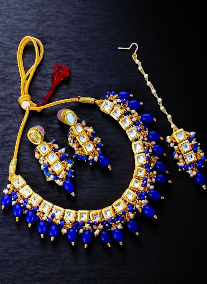 LUCKY JEWELLERY 18K Gold-Plated Kundan Studded & Pearls Meenakari Choker Jewellery Set - Image 5