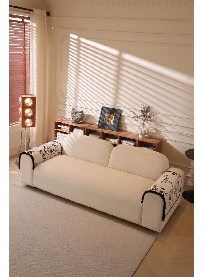 House of Quirk Modern Style Sofa Cover with Fur Ball Chenille Couch Covers for L Shape and 1/2/3/4 Seater Sofa Non Slip Sofa Slipcover Furniture Protector (2 Pcs Armrest, 50x70cm, White Floral) - Image 1