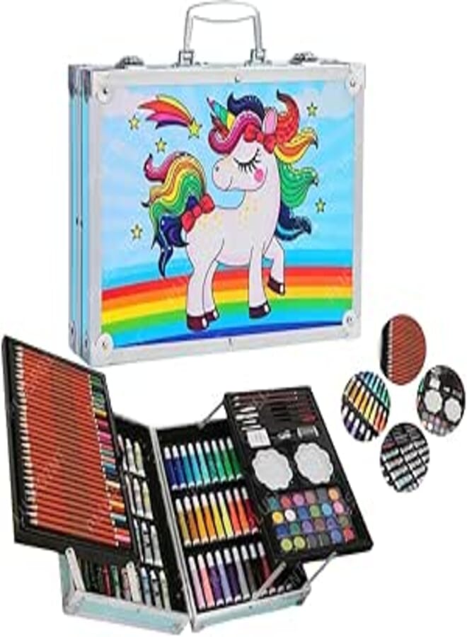 PLUSPOINT Art Kit for Kids,145 Pack Deluxe Art Set with Portable Aluminum Box Case for Drawing activity with Color Pencils Crayon Paint Art Supplies Gift for Girls Boys (145Pc Unicorn Case)