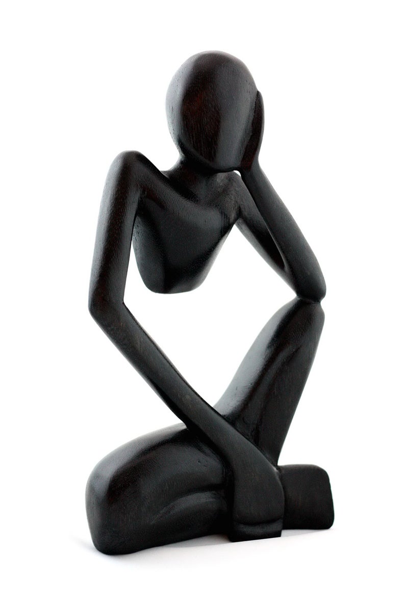 G6 Collection 12" Wooden Handmade Abstract Sculpture Thinker Statue Handcrafted - Thinking Man - Gift Art Modern Decorative Unique Home Decor Figurine Accent Decoration Artwork Hand Carved (Black) - Image 2
