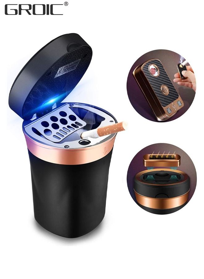 GROIC Car Ashtray, Auto Ashtray Detachable Ceramics with Lid Led Light and Removable Lighter Solar Energy and USB Dual Charging for Most Car Cup Holder - Image 1