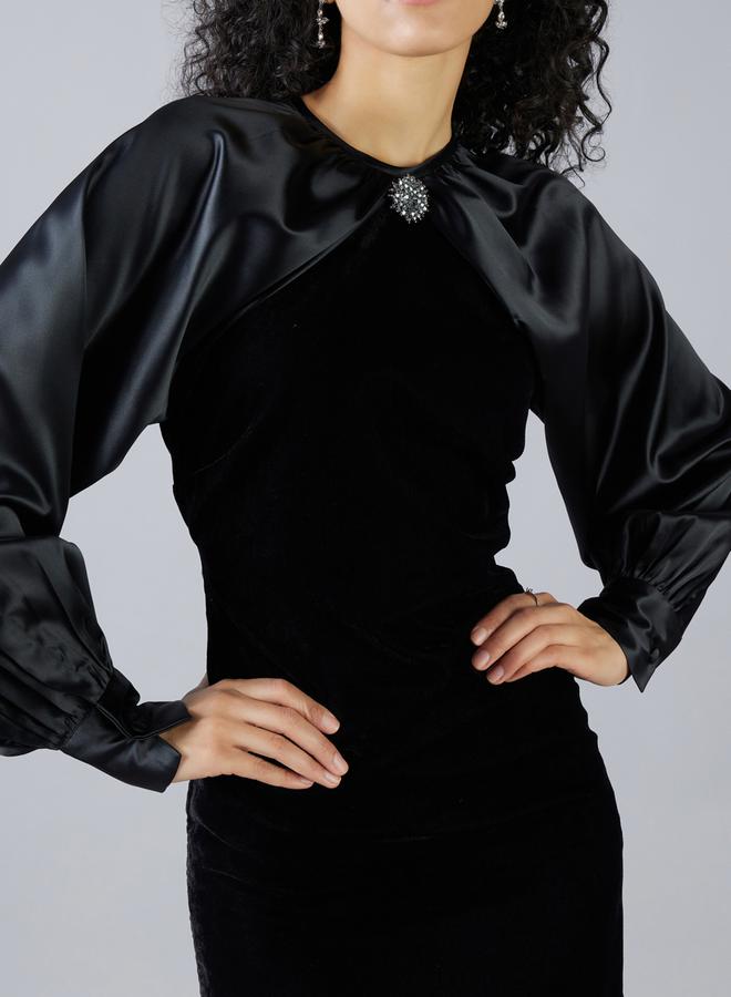 ميش فستان مخمل بأكمام ساتان - Image 2