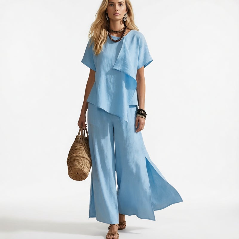 Women's Fashion Irregular Short Sleeve Top with Slit Wide Leg Pants Set - Image 4