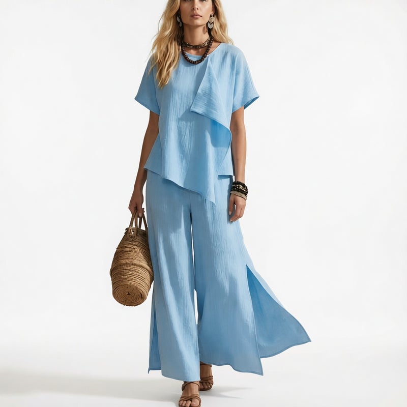 Women's Fashion Irregular Short Sleeve Top with Slit Wide Leg Pants Set - Image 2
