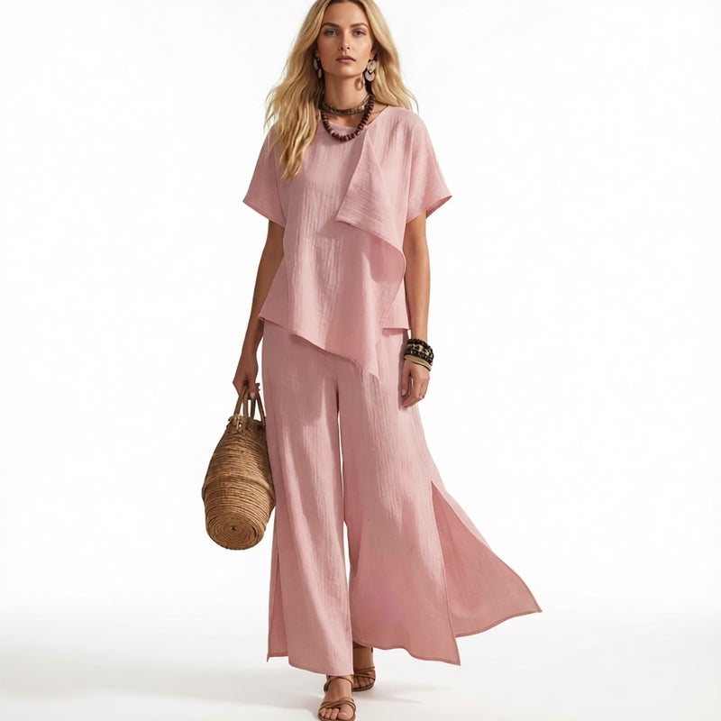 Women's Fashion Irregular Short Sleeve Top with Slit Wide Leg Pants Set - Image 1