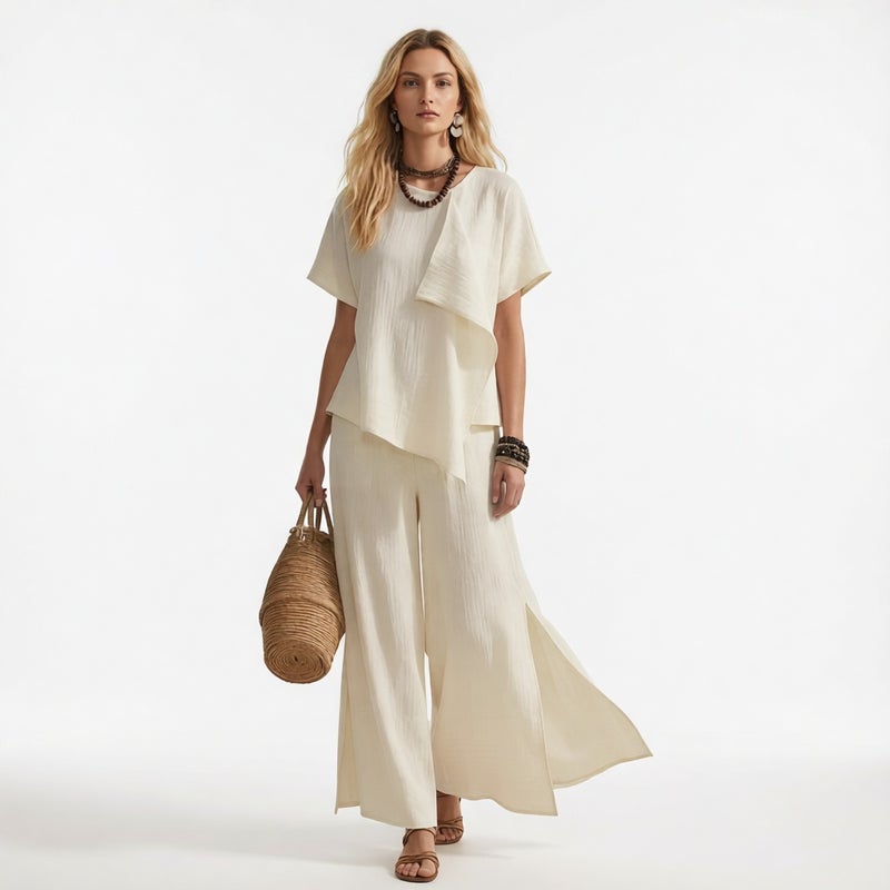Women's Fashion Irregular Short Sleeve Top with Slit Wide Leg Pants Set - Image 3