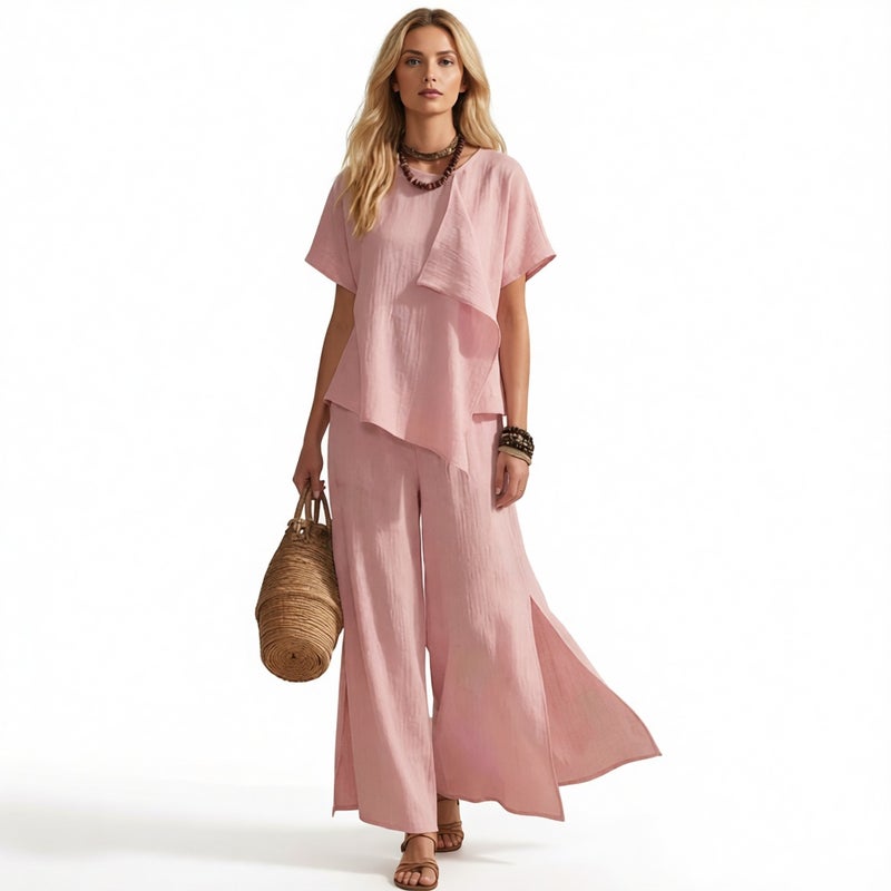 Women's Fashion Irregular Short Sleeve Top with Slit Wide Leg Pants Set - Image 5