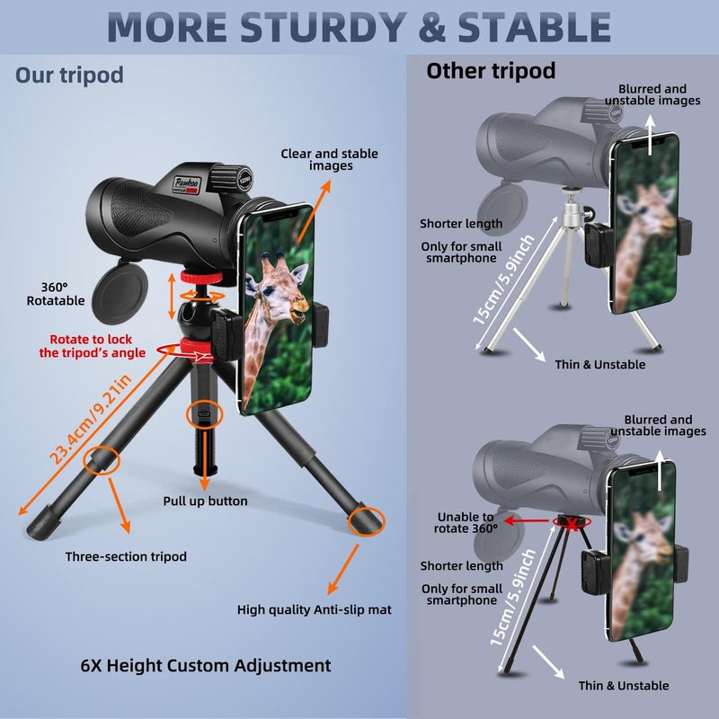 Pankoo 12x60 Monocular Telescope High Powered with Smartphone Adapter Tripod and Portable Bag, Larger Vision Monoculars for Adults with BAK4 Prism & FMC Lens, Suitable for Bird Watching Hiking Travel - Image 3