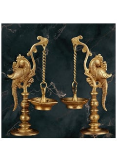 Golden View Golden View Brass Peacock Design Dipak Set of 2 Bird Diyas Oil Wick Lamp Fengshui Deep Deepak for Home Dcor Puja Item Hanging Diya Traditional Deepam LWH539 InchesW18Kg 