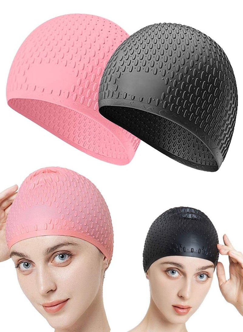 ISHWAZ Pack Of 2 Silicone Swim Cap, 3D Ergonomic Beautiful Design for Men, Girls, Ideal for Curly Short Medium Long Hair, Protects Hair from Chlorine, Bacteria, Sand in the Water, Odorless And Comfortable  - Image 1