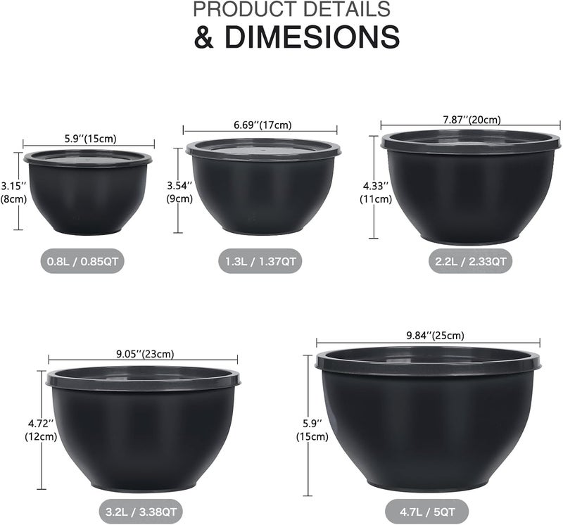 Greentainer 5Piece Plastic Mixing Bowls with Lids Set for Kitchen Nesting Bowls for Mixing Baking Prepping Cooking and Serving Food Grey Mixing Bowls Dishwasher Microwave Safe - Image 2