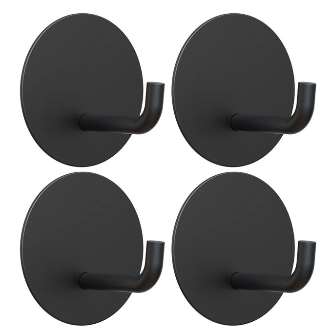 ADHESIVE HOOKS SMALL METAL SHOWER WALL STICK ON HOOKS WATERPROOF 2 EXTRA ADHESIVE STRIPS ROUND BLACK 4 PCS