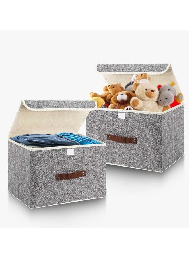 GGEROU 2Pcs Organizer Box Storage,Cotton Fabric Foldable Storage Bin,Storage Basket with Lid,Clothes Container Blanket,for Books Toys DVDs Art and Craft Storage,Grey 38x25x25cm  - Image 1