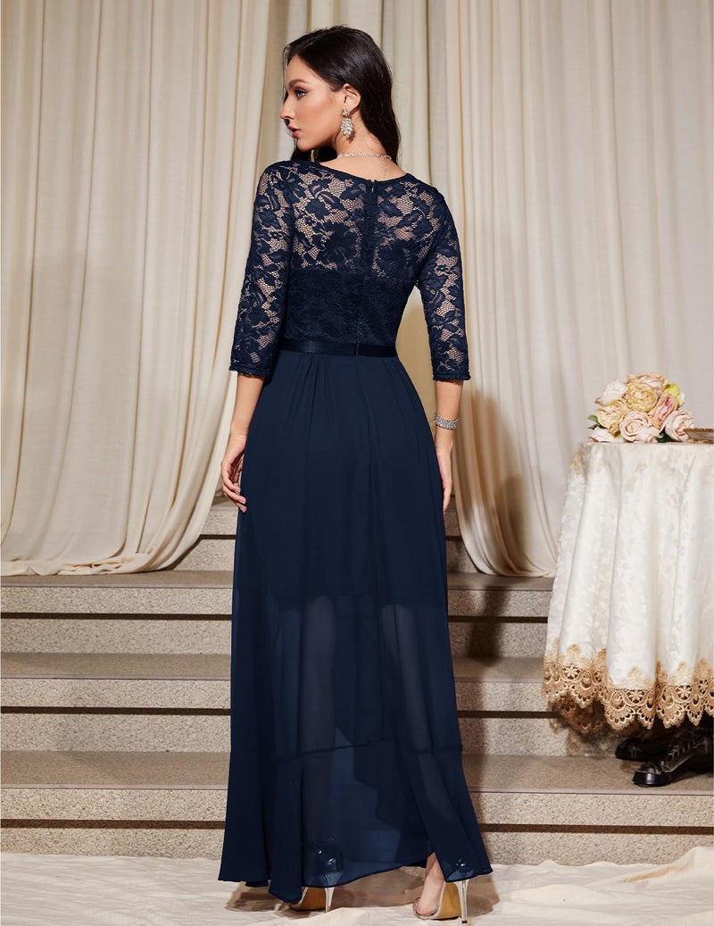 Bbonlinedress Women Winter Spring Wedding Guest Formal Prom Dresses Lace Long Sleeve Mother of Bride Cocktail Dress Navy L - Image 3