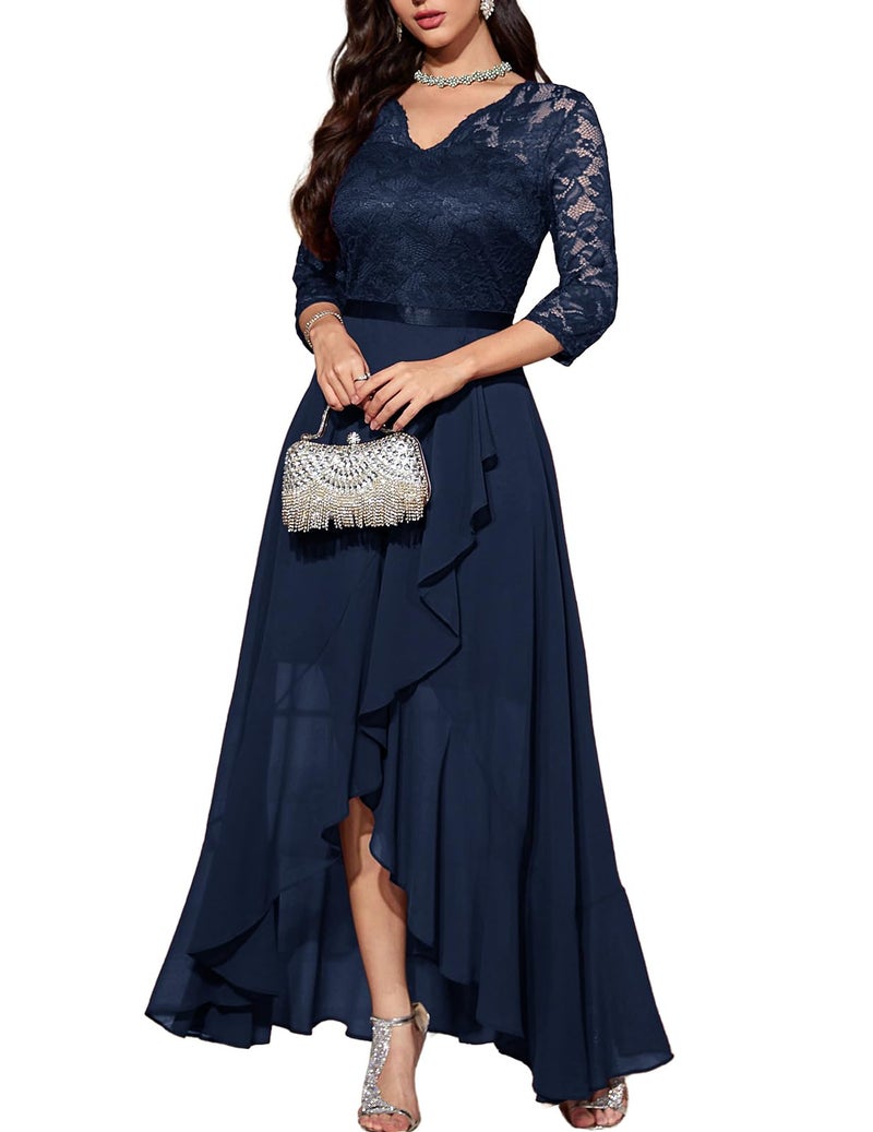 Bbonlinedress Women Winter Spring Wedding Guest Formal Prom Dresses Lace Long Sleeve Mother of Bride Cocktail Dress Navy L - Image 1