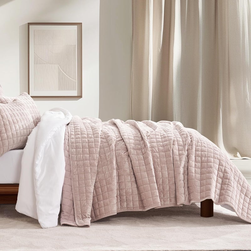 RECYCO Luxury Velvet Quilt Twin/Twin XL Size Bedding Set, Ultra Soft Velvet Comforter Set, Lightweight Quilted Channel Box Stitch Oversized Bedspread Coverlet for All Season, with 1 Sham, Rose Pink - Image 1