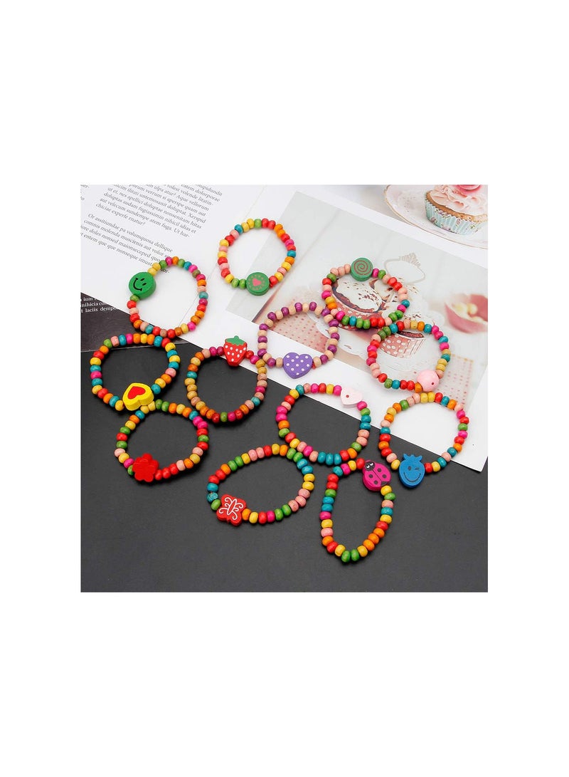 GGOOT 12Pcs Colourful Wooden Bracelets Little Girls Bracelets Kit Kids Fashion Jewelry - Image 2