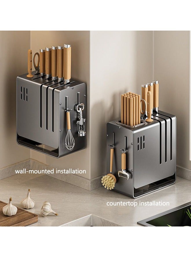 RollsTimi  Kitchen Storage Rack Wall-Mounted Knife Holder Rack with Hooks – Space-Saving Kitchen Organizer for Utensils Knives,Grey - Image 2