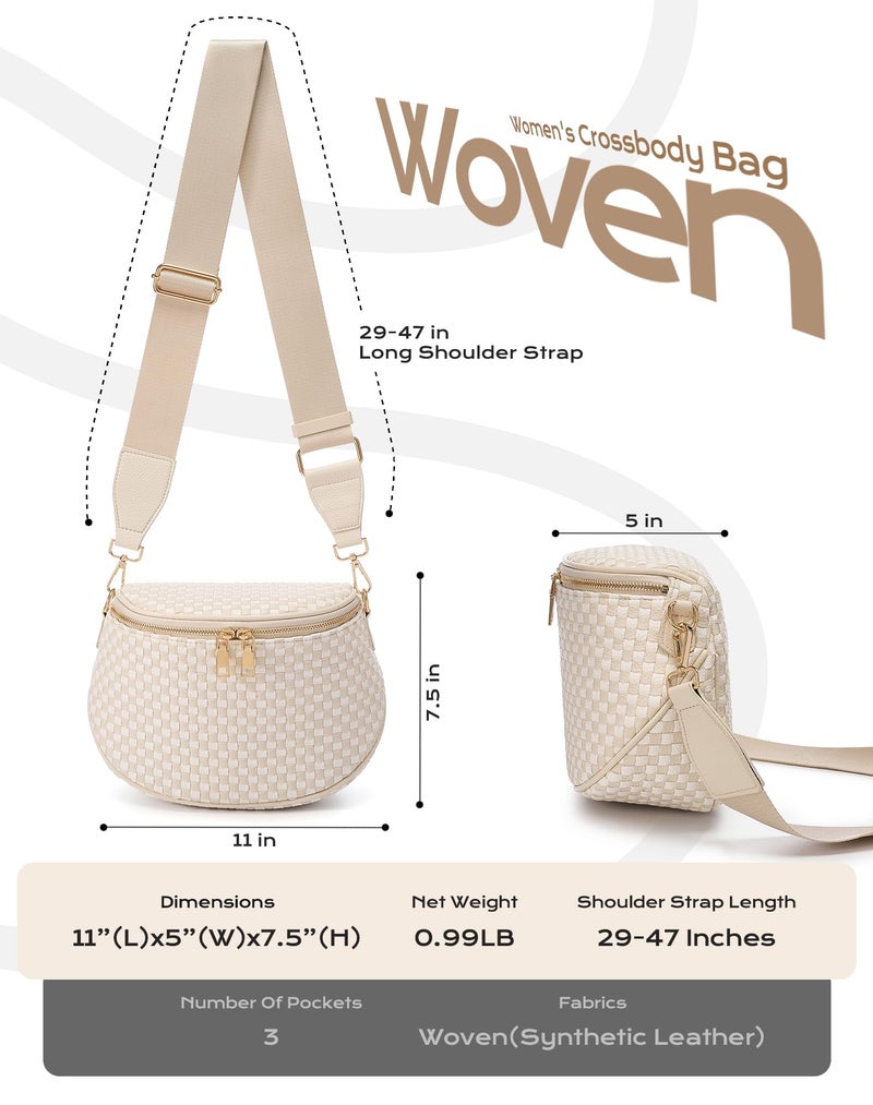 MEISEY Trendy Woven Checkered Crossbody Bum Bag for Womenï¼ŒPU Leather Checkered Purse Fanny Packs Belt Bag (Woven Bum Bag - Beige White) - Image 3